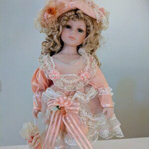 Victorian Porcelain Doll Peach Lace Dress with Parasol